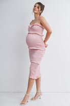 Peach Bodycon Smoked Ruffle Tie Straps Maternity Midi Dress Side View