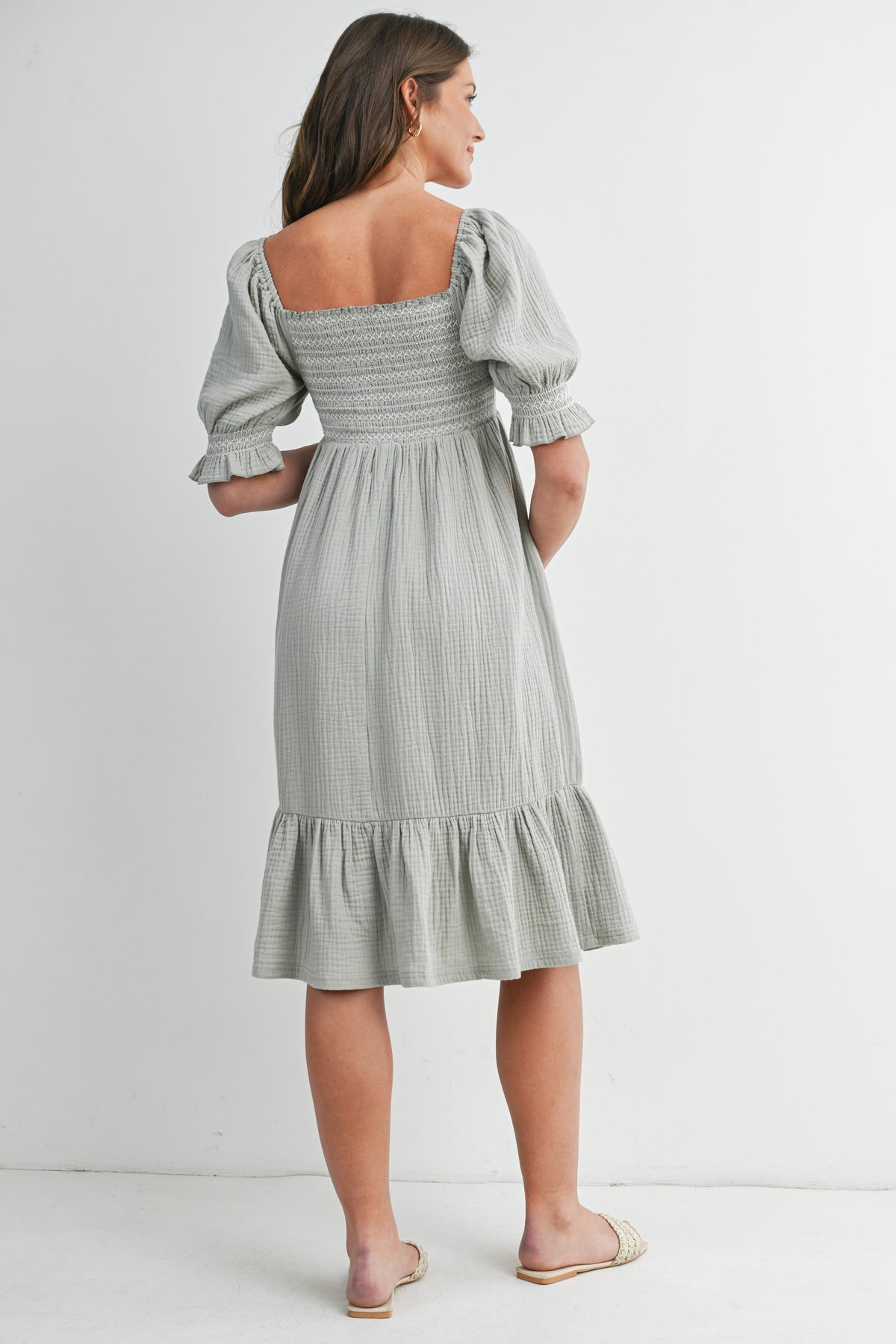 Sage Smocked Square Neck Puff Sleeve Ruffle Hem Maternity Midi Dress Back View