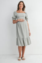 Sage Smocked Square Neck Puff Sleeve Ruffle Hem Maternity Midi Dress Front View