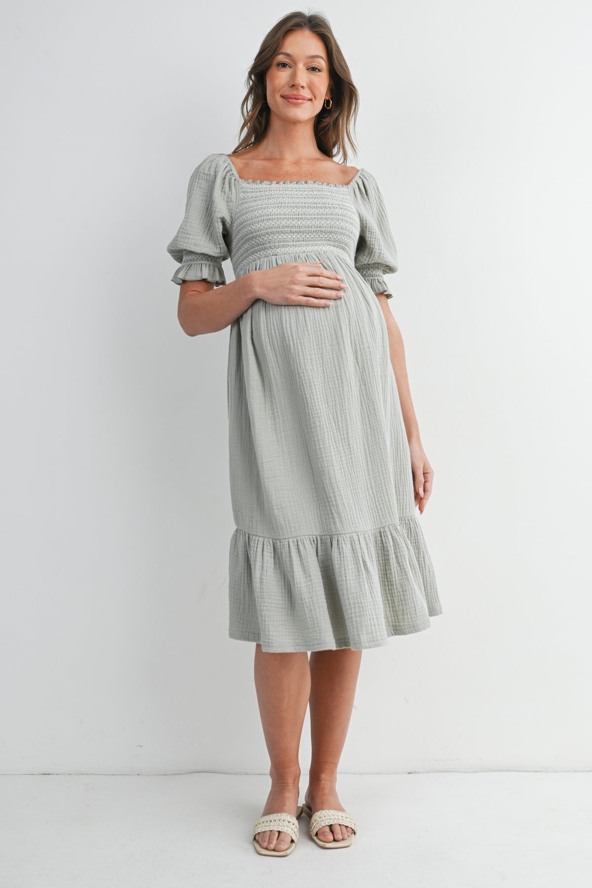 Sage Smocked Square Neck Puff Sleeve Ruffle Hem Maternity Midi Dress Front View