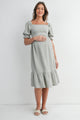 Sage Smocked Square Neck Puff Sleeve Ruffle Hem Maternity Midi Dress Front View