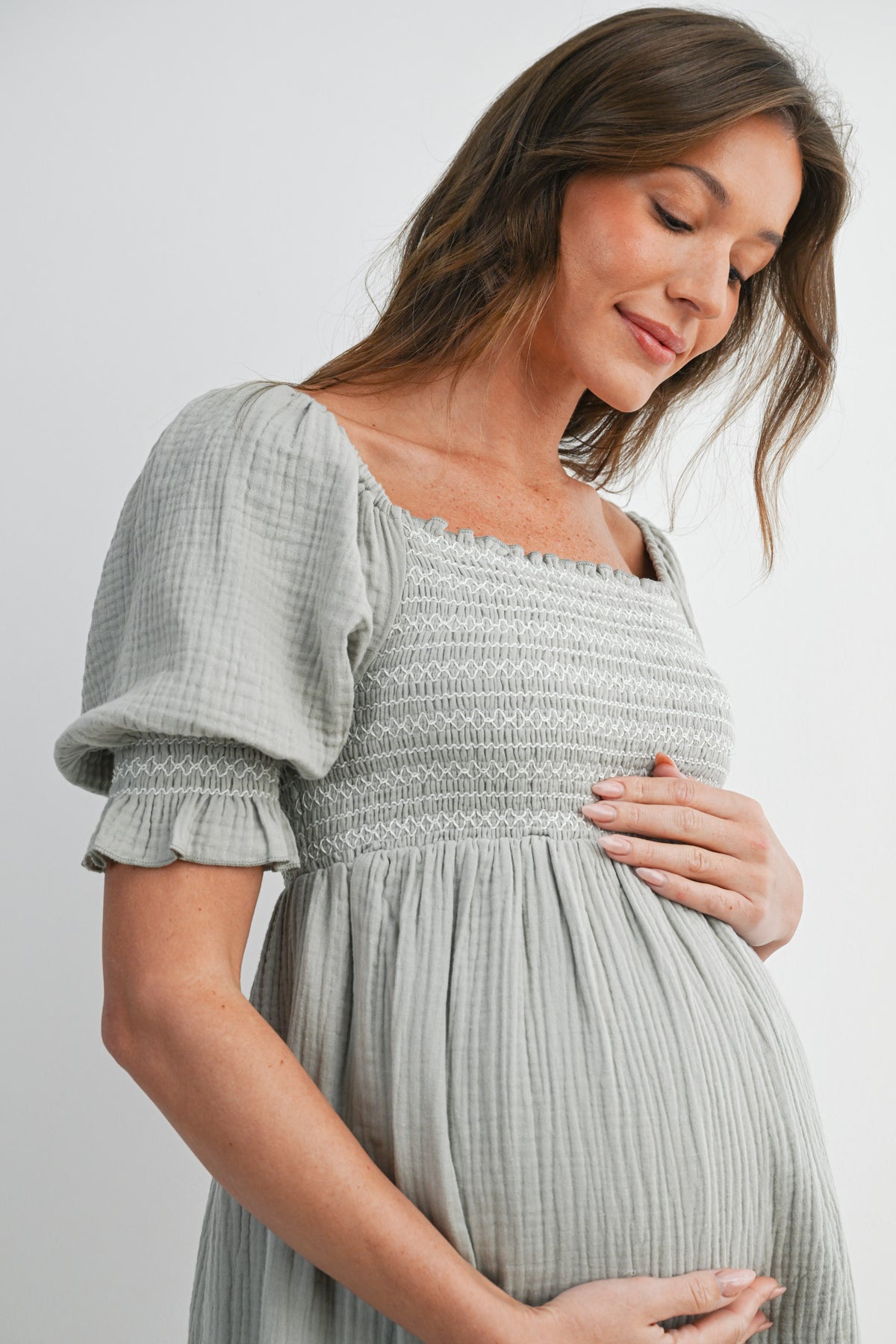 Sage Smocked Square Neck Puff Sleeve Ruffle Hem Maternity Midi Dress Close Up