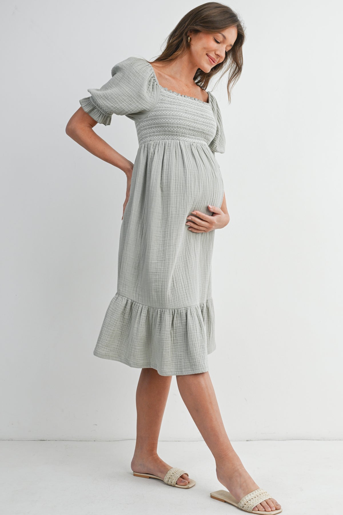 Sage Smocked Square Neck Puff Sleeve Ruffle Hem Maternity Midi Dress Side View