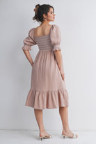 Mauve Smocked Square Neck Puff Sleeve Ruffle Hem Maternity Midi Dress Back View