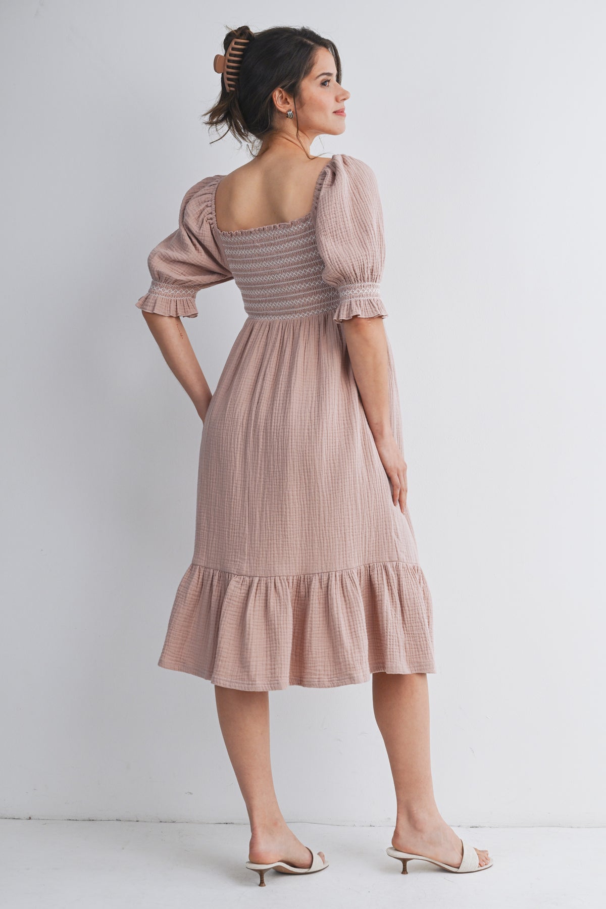 Mauve Smocked Square Neck Puff Sleeve Ruffle Hem Maternity Midi Dress Back View