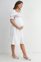White Smocked Square Neck Puff Sleeve Ruffle Hem Maternity Midi Dress Side View