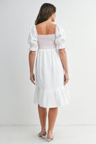 White Smocked Square Neck Puff Sleeve Ruffle Hem Maternity Midi Dress Back View