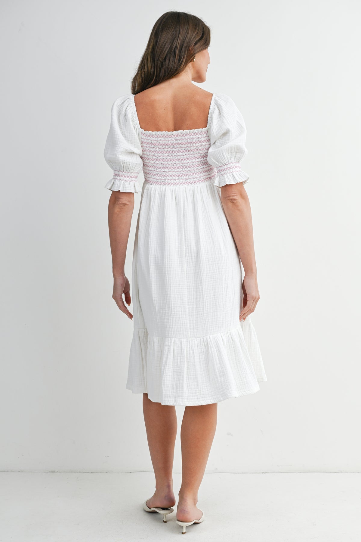 White Smocked Square Neck Puff Sleeve Ruffle Hem Maternity Midi Dress Back View