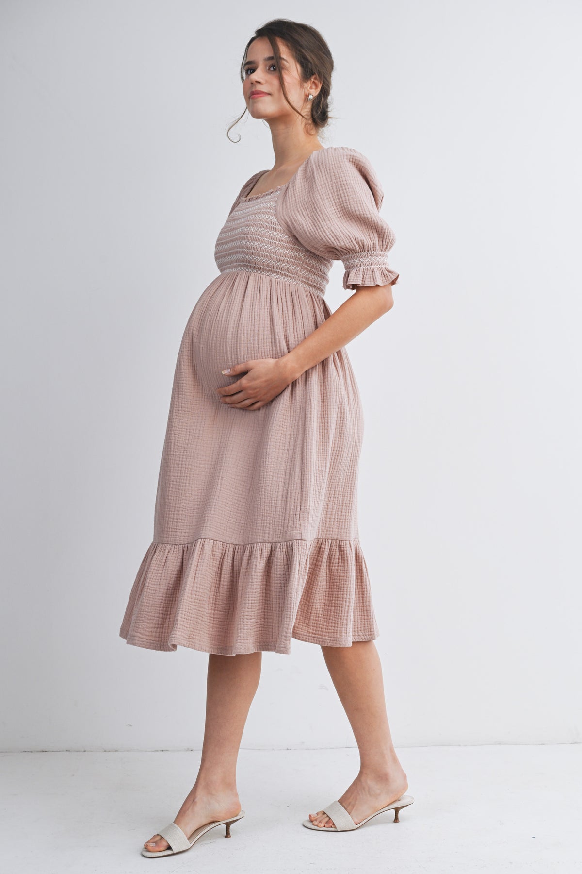 Mauve Smocked Square Neck Puff Sleeve Ruffle Hem Maternity Midi Dress Side View