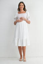 White Smocked Square Neck Puff Sleeve Ruffle Hem Maternity Midi Dress Front View