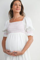 White Smocked Square Neck Puff Sleeve Ruffle Hem Maternity Midi Dress Close Up