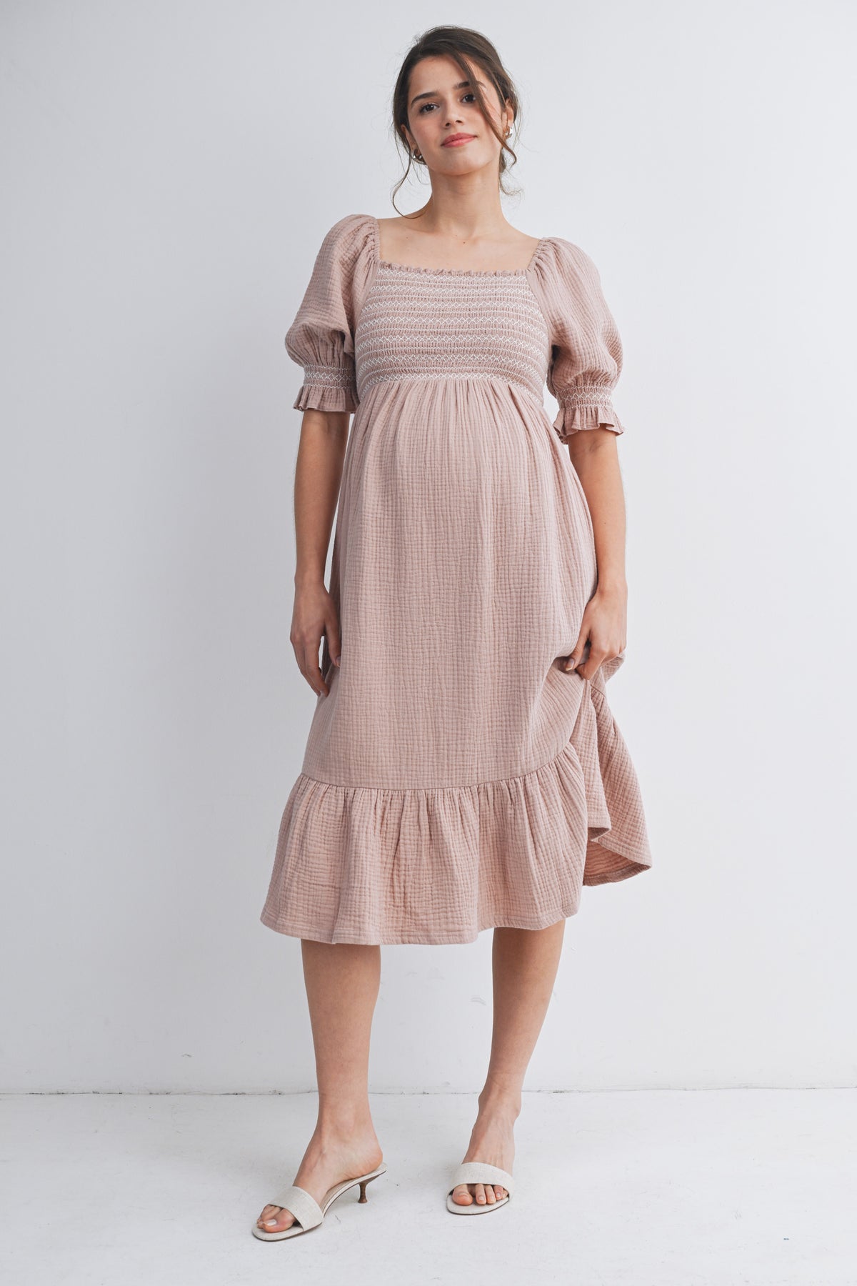 Mauve Smocked Square Neck Puff Sleeve Ruffle Hem Maternity Midi Dress Front View
