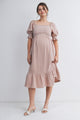 Mauve Smocked Square Neck Puff Sleeve Ruffle Hem Maternity Midi Dress Front View