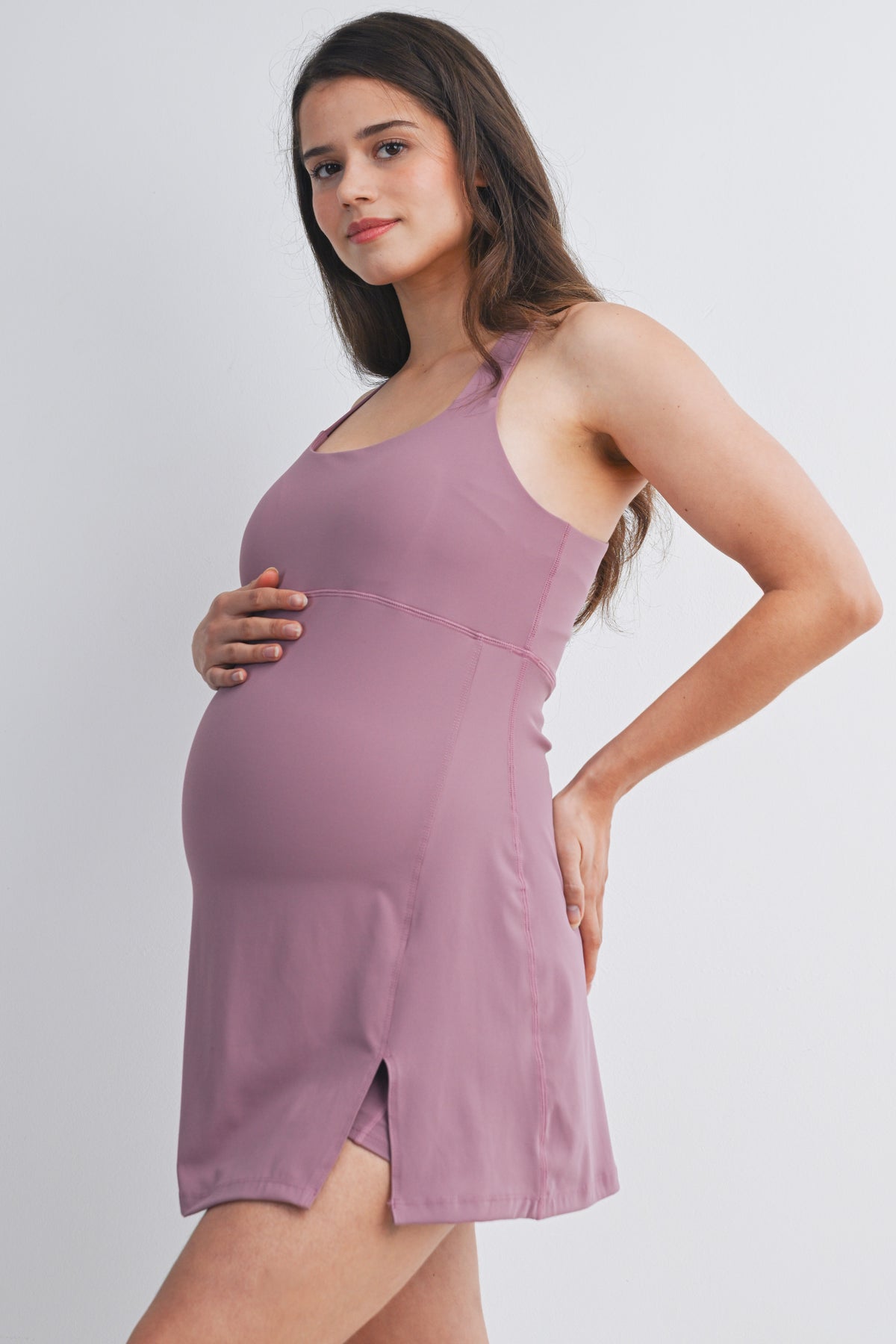Dark Mauve Active Empire Waist Racerback Maternity Dress with Built-In Shorts Side View