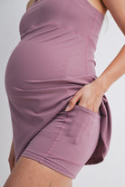 Dark Mauve Active Empire Waist Racerback Maternity Dress with Built-In Shorts Close Up Detail