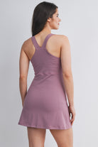 Dark Mauve Active Empire Waist Racerback Maternity Dress with Built-In Shorts Back View