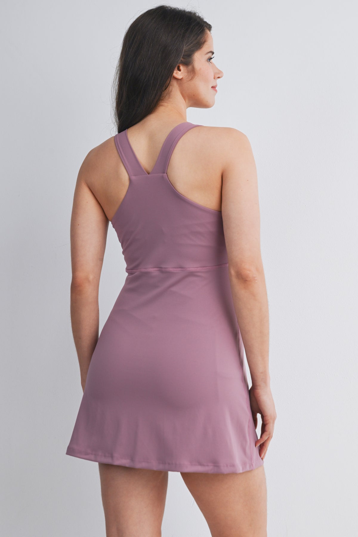 Dark Mauve Active Empire Waist Racerback Maternity Dress with Built-In Shorts Back View