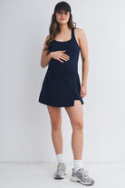 Navy Active Empire Waist Racerback Maternity Dress with Built-In Shorts Full Body