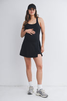 Black Active Empire Waist Racerback Maternity Dress with Built-In Shorts Full Body