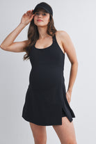Black Active Empire Waist Racerback Maternity Dress with Built-In Shorts Front View