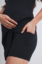 Black Active Empire Waist Racerback Maternity Dress with Built-In Shorts Close Up Detail
