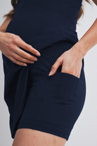 Navy Active Empire Waist Racerback Maternity Dress with Built-In Shorts Detail Close Up