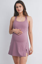 Dark Mauve Active Empire Waist Racerback Maternity Dress with Built-In Shorts Front View