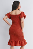 Rust Off Shoulder Smocked Ruffle Hem Maternity Midi Bodycon Dress Back View