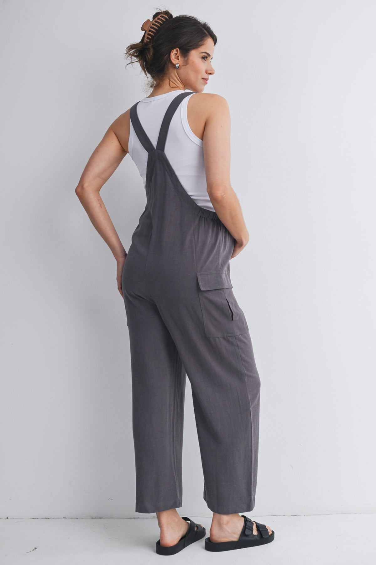 Dark Grey Adjustable Straight Leg Maternity Overalls Back View