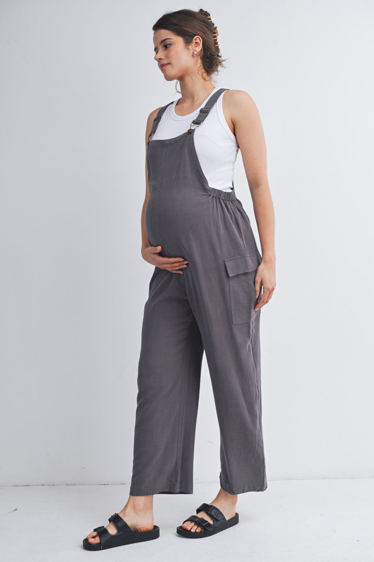 Dark Grey Adjustable Straight Leg Maternity Overalls Side View