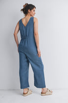 Denim Sleeveless Front Zip Maternity Jumpsuit Nursing Friendly Back View