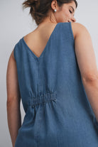 Denim Sleeveless Front Zip Maternity Jumpsuit Nursing Friendly Back Close Up