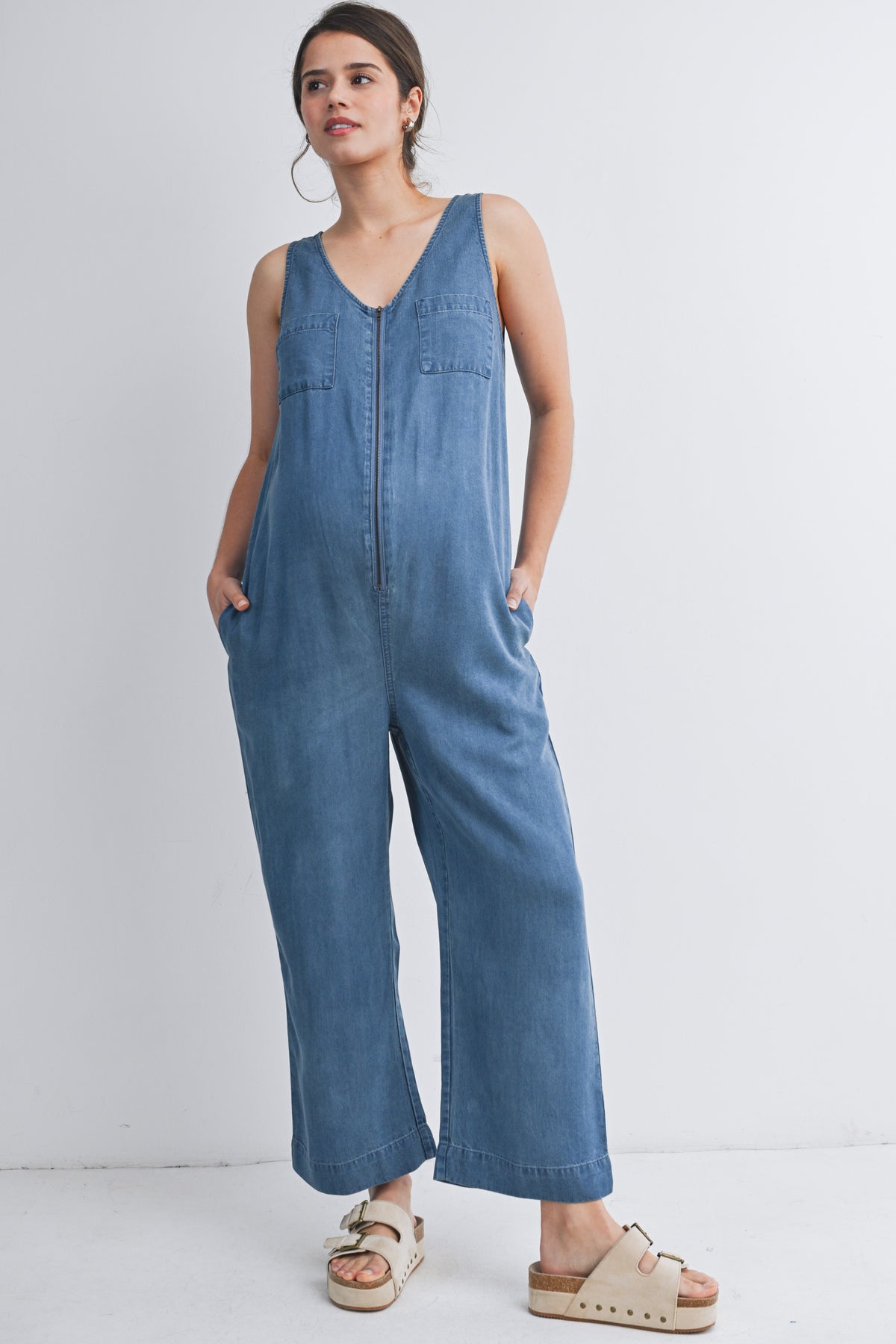 Denim Sleeveless Front Zip Maternity Jumpsuit Nursing Friendly Front View