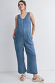 Denim Sleeveless Front Zip Maternity Jumpsuit Nursing Friendly Front View