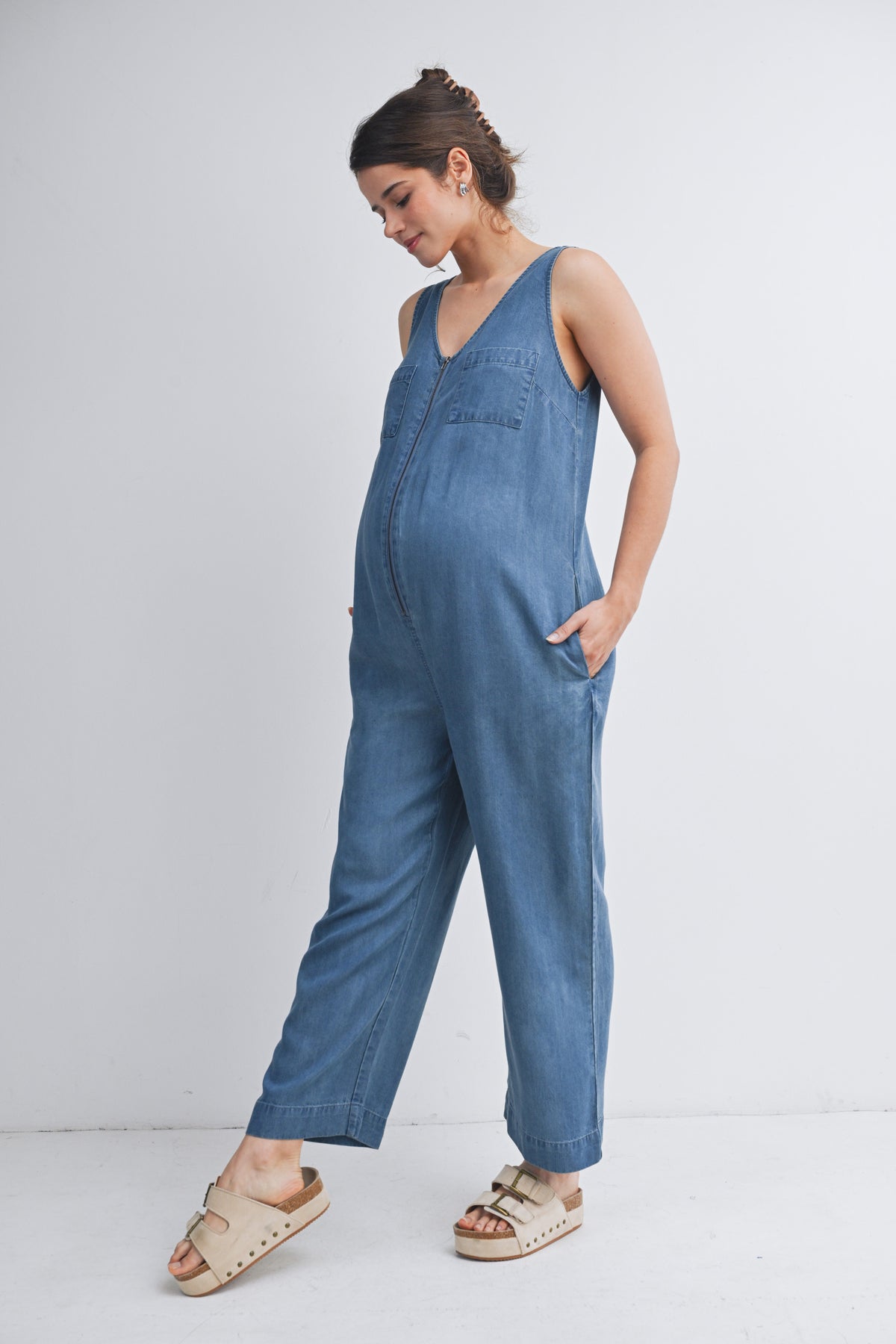 Denim Sleeveless Front Zip Maternity Jumpsuit Nursing Friendly Side View