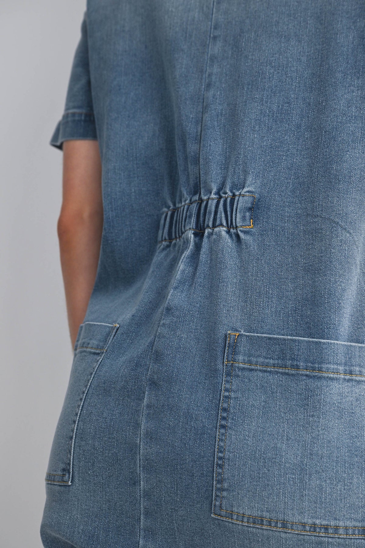 Demin Short Sleeve Button Up Maternity Romper with Pockets Back Detail