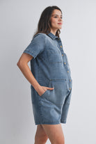 Demin Short Sleeve Button Up Maternity Romper with Pockets Side View