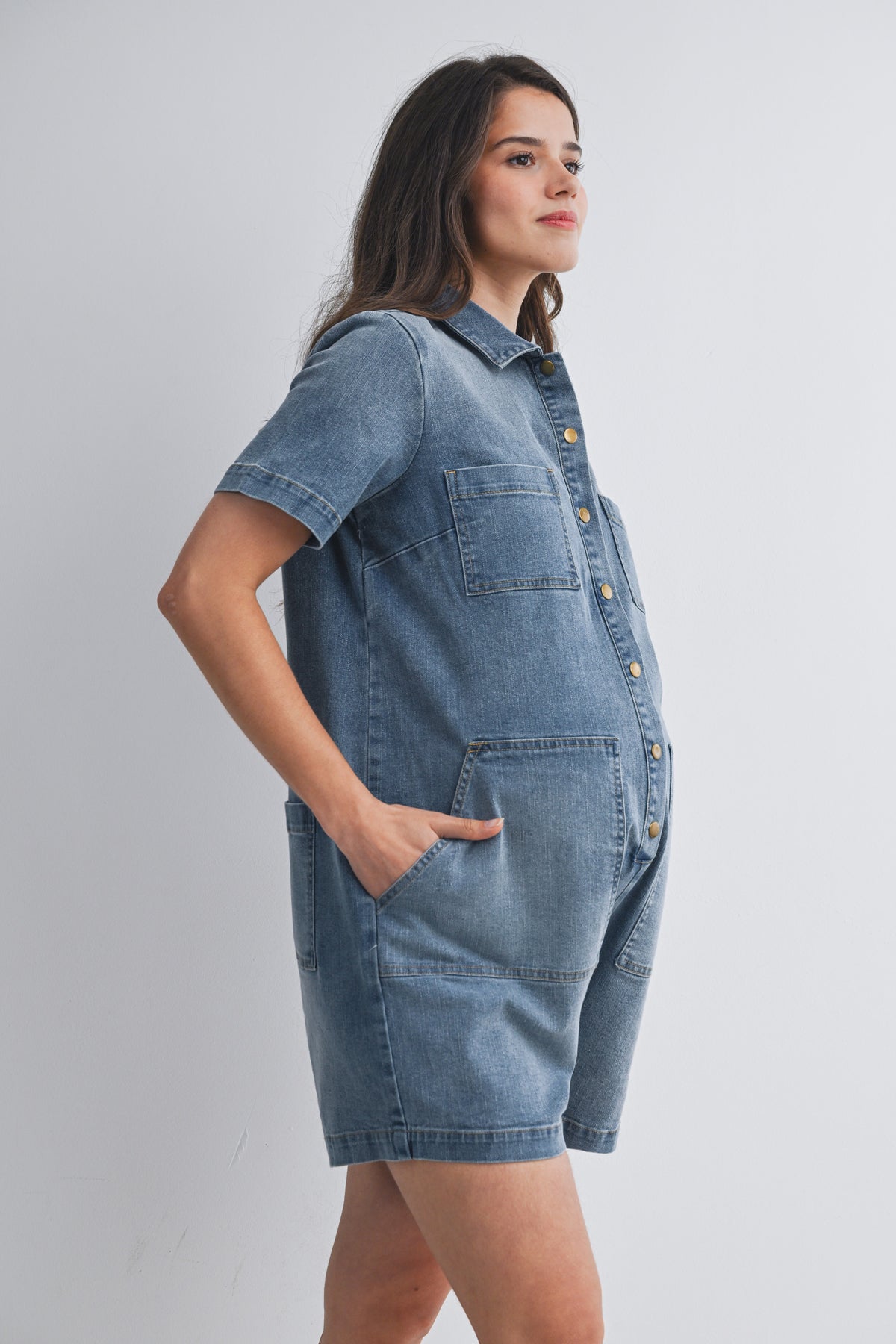 Demin Short Sleeve Button Up Maternity Romper with Pockets Side View
