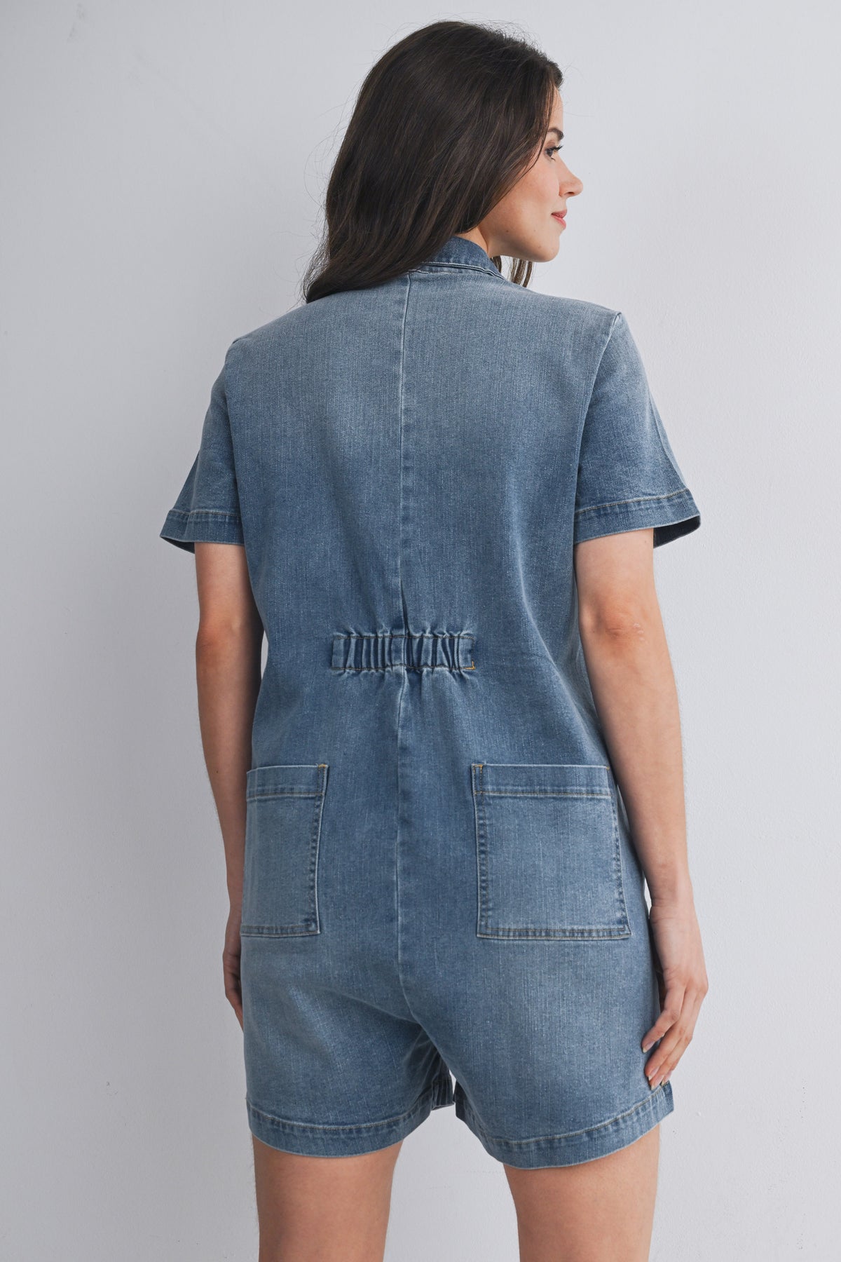 Demin Short Sleeve Button Up Maternity Romper with Pockets Back View