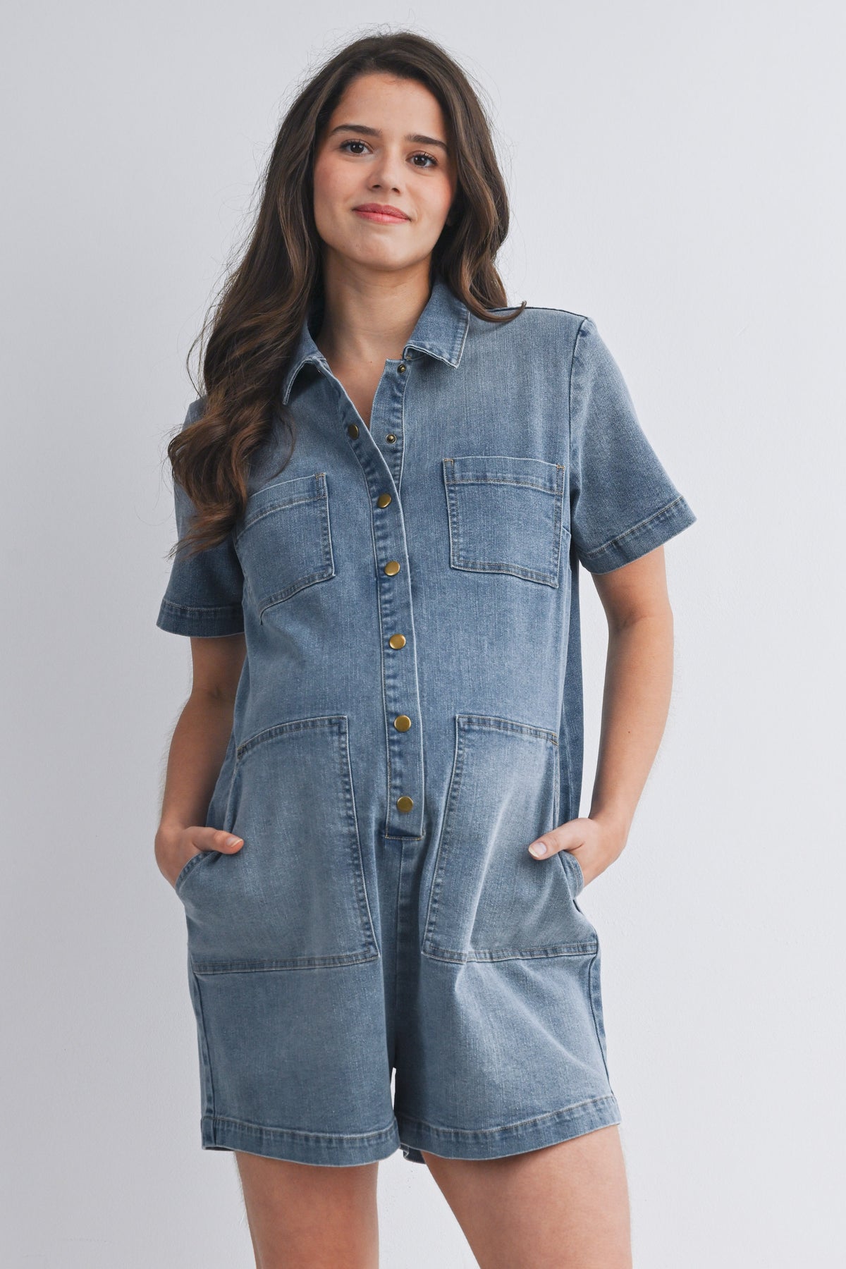 Demin Short Sleeve Button Up Maternity Romper with Pockets Front View