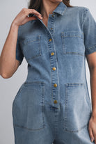 Demin Short Sleeve Button Up Maternity Romper with Pockets Close Up