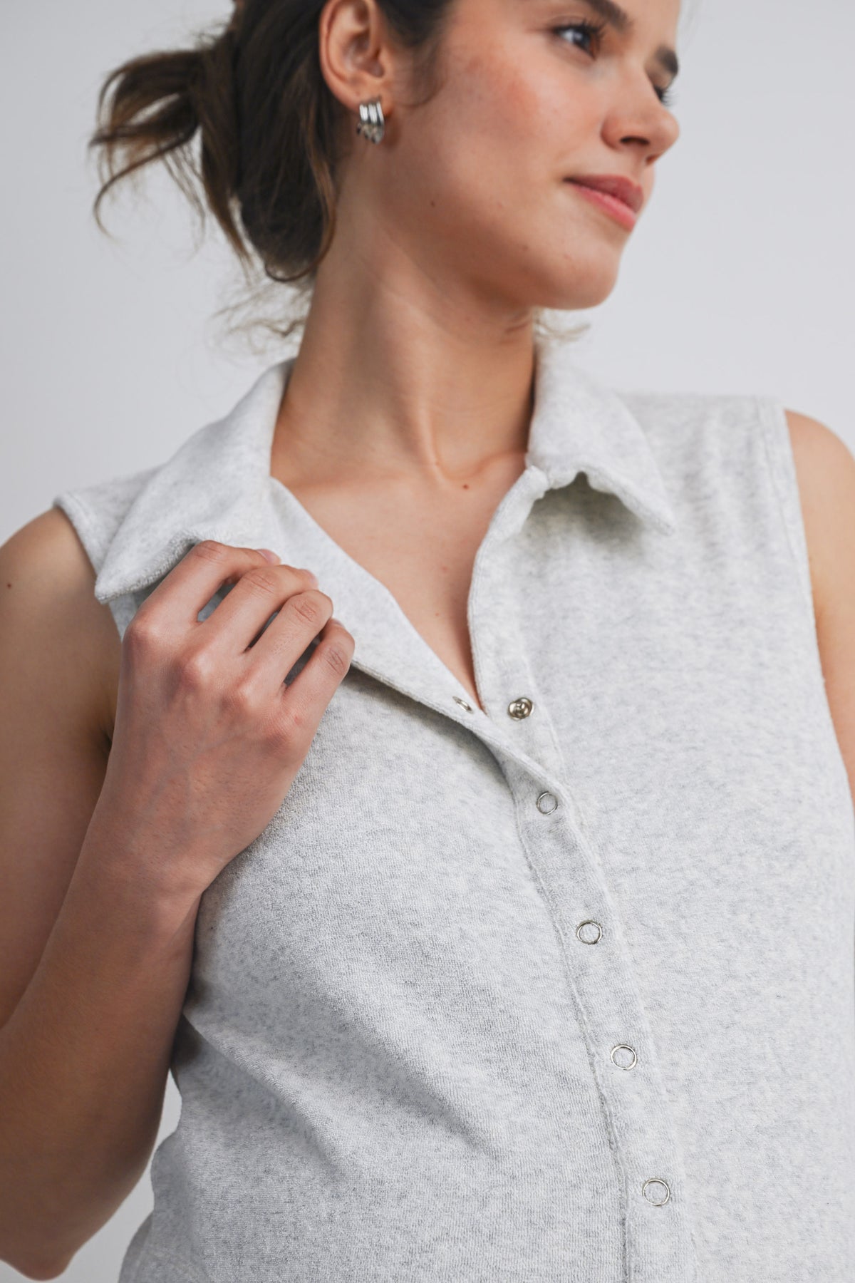 Heather Grey Sleeveless Collared Button Front Maternity Romper with Pockets Close Up