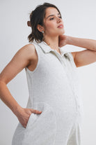 Heather Grey Sleeveless Collared Button Front Maternity Romper with Pockets Close Up