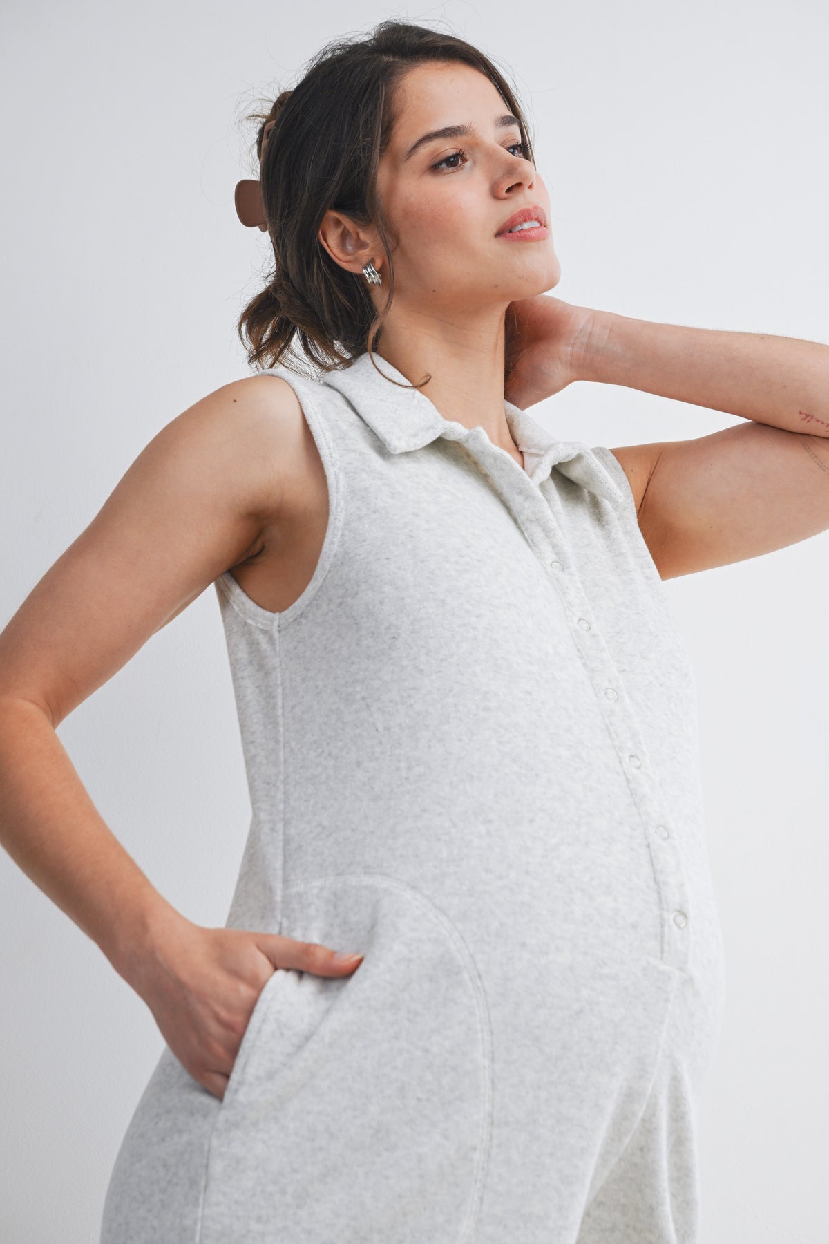 Heather Grey Sleeveless Collared Button Front Maternity Romper with Pockets Close Up
