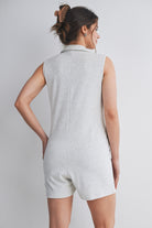 Heather Grey Sleeveless Collared Button Front Maternity Romper with Pockets Back View