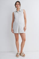 Heather Grey Sleeveless Collared Button Front Maternity Romper with Pockets Full Body View