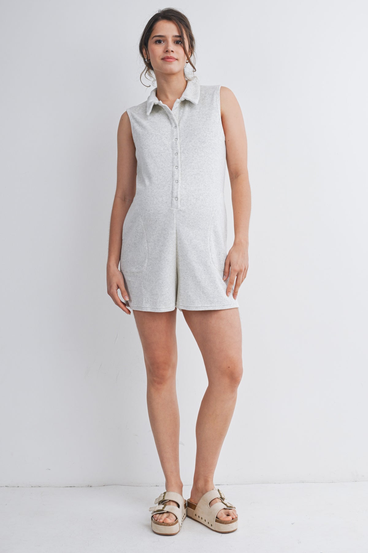 Heather Grey Sleeveless Collared Button Front Maternity Romper with Pockets Full Body View