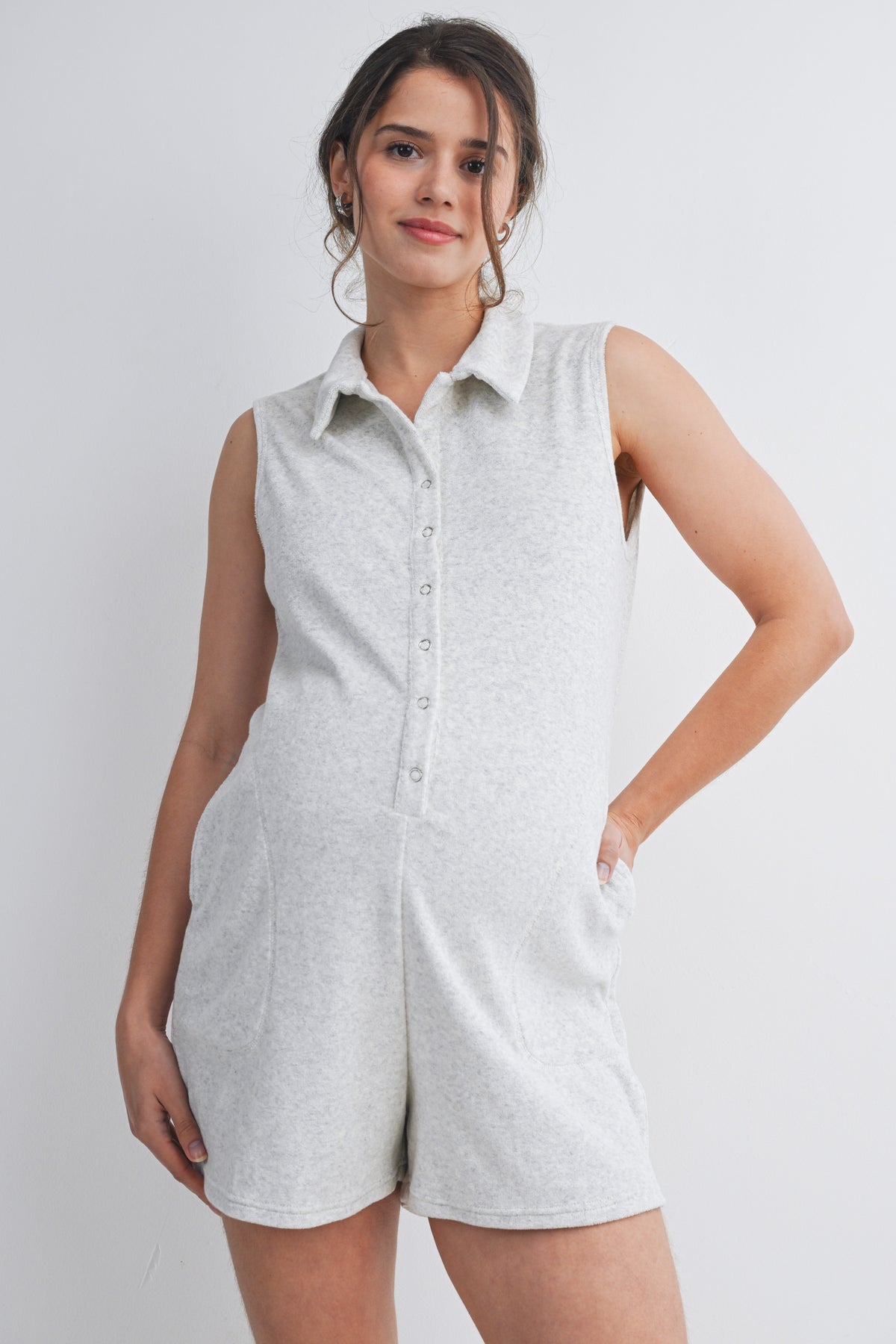 Heather Grey Sleeveless Collared Button Front Maternity Romper with Pockets Front View