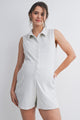 Heather Grey Sleeveless Collared Button Front Maternity Romper with Pockets Front View