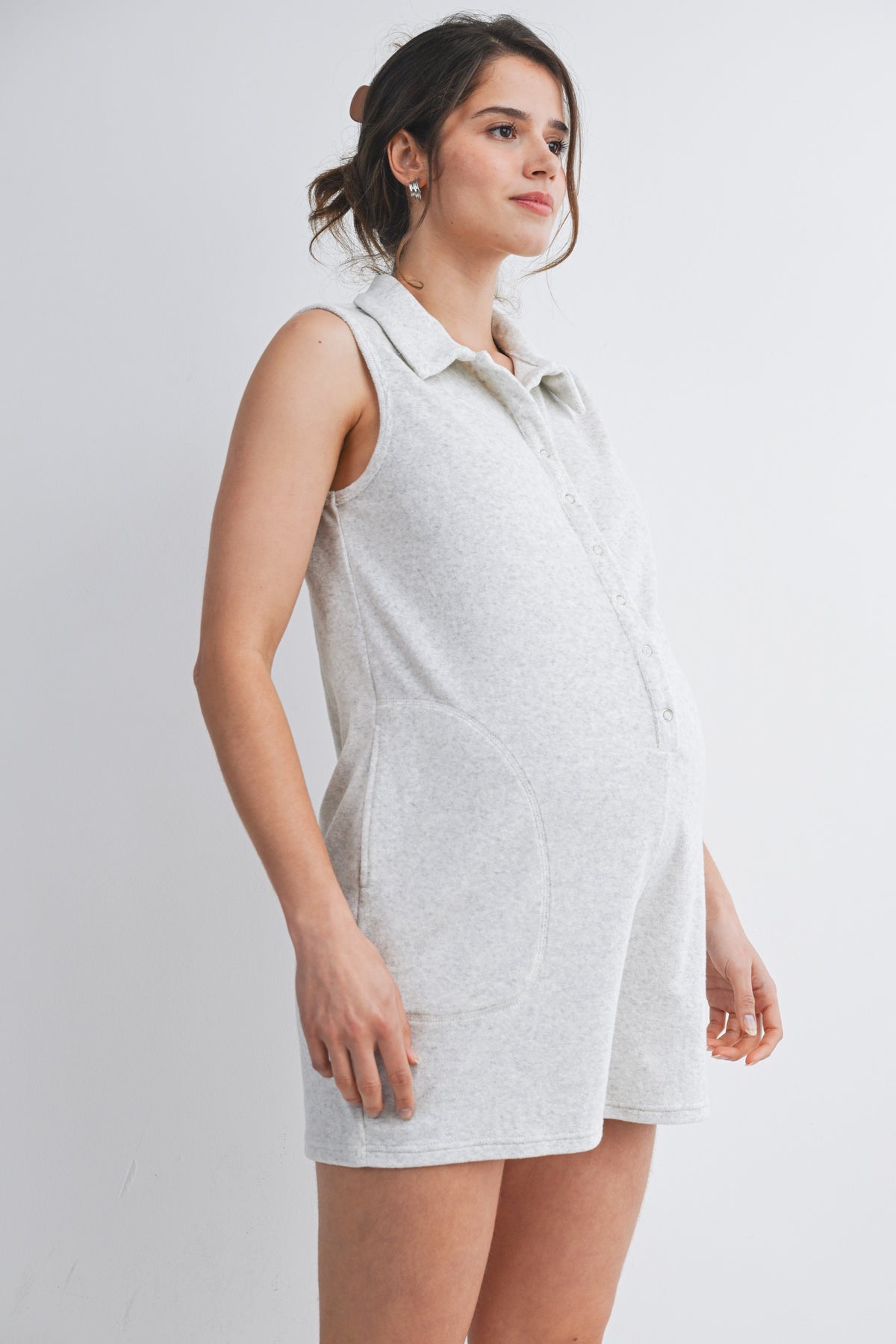 Heather Grey Sleeveless Collared Button Front Maternity Romper with Pockets Side View